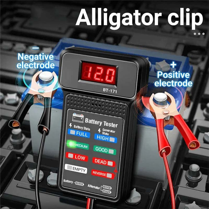 Compact 12V automotive battery tester, essential car maintenance tool, ensuring optimal vehicle electrical health.