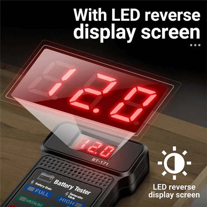 Handheld 12V battery diagnostic tool for cars, displaying battery voltage and CCA, perfect for quick checks.