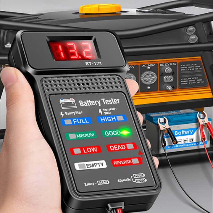Professional 12V car battery tester with alligator clips, designed for accurate vehicle electrical system analysis.