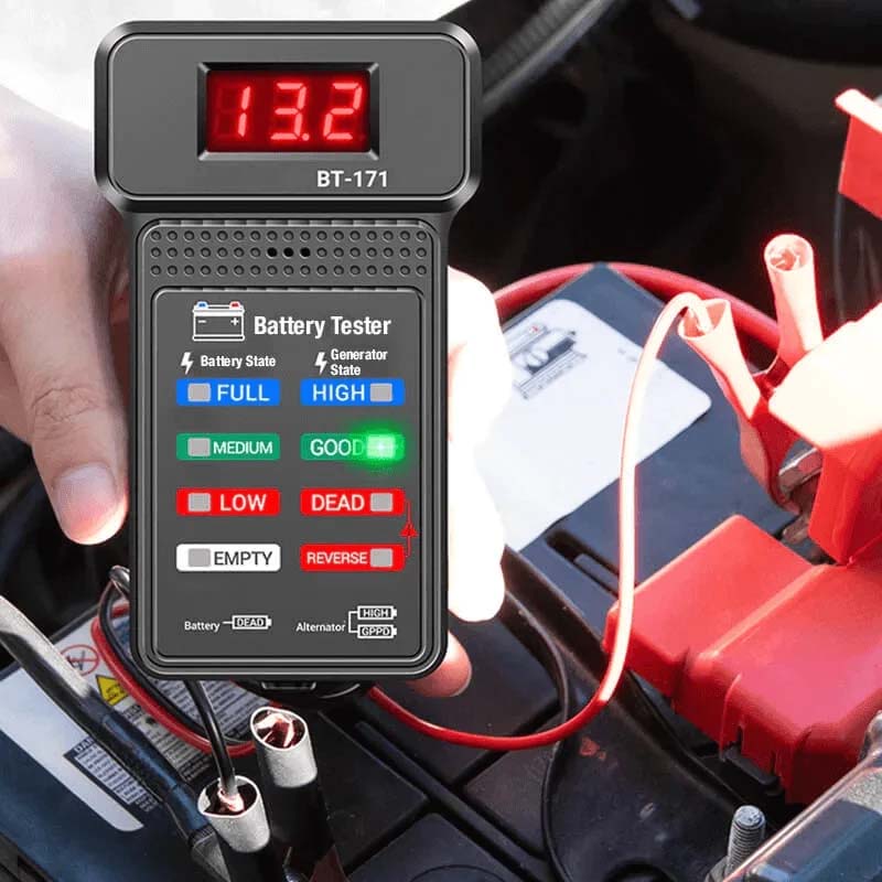 Front view of a universal 12V car battery health tester, a key automotive tool for proactive maintenance.