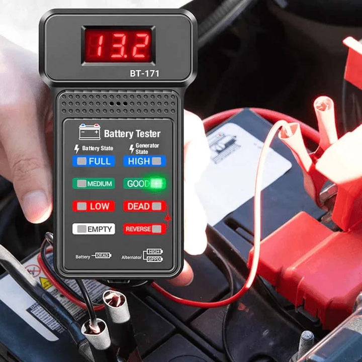 Front view of a universal 12V car battery health tester, a key automotive tool for proactive maintenance.