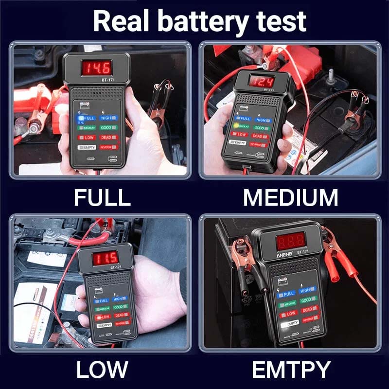 Side profile of a 12V car battery diagnostic tool, showcasing its ergonomic design for easy handling in vehicle care.