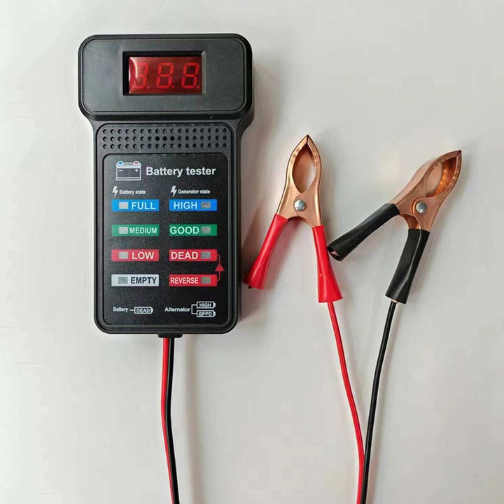 Set of automotive tools including a 12V car battery tester, crucial for comprehensive vehicle electrical diagnostics.