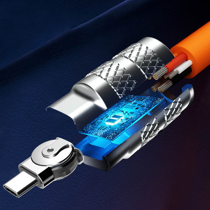 Durable USB fast charging data cable with 180° rotating connector; anti-break design for iPhone & Type-C devices.