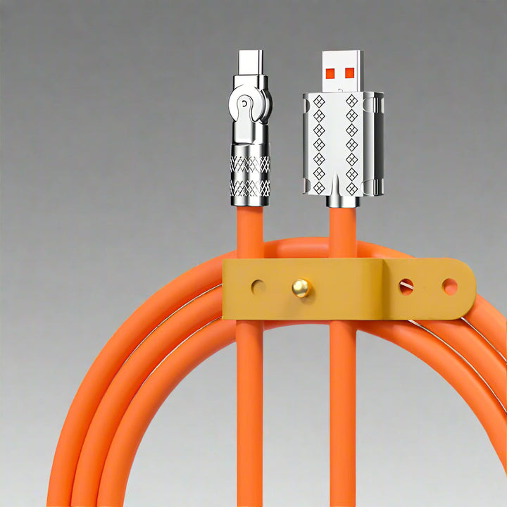 Rotating 120W Type-C & iPhone compatible fast charging cable, designed for ultimate flexibility & durability.