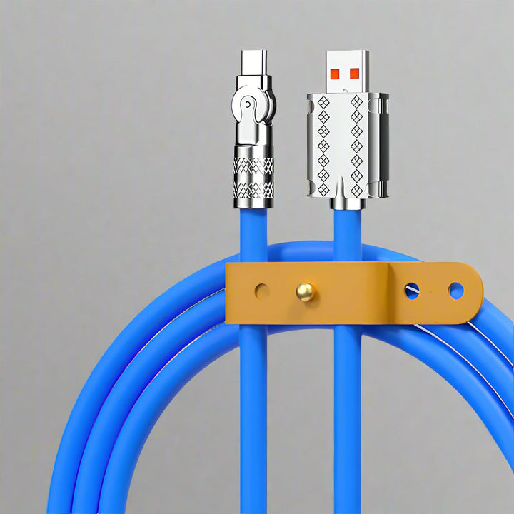 Ergonomic 180° rotating fast charging USB cable shown in use, providing flexible charging for all devices.