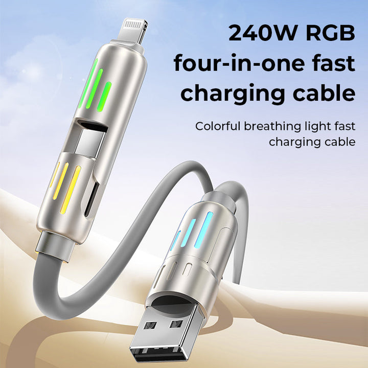 Universal 240W 4-in-1 fast charging USB C cable with multiple connectors, ideal for phones and electronics.