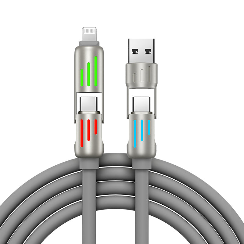 Angled view of the universal 240W 4-in-1 USB C fast charging cable, flexible and robust.