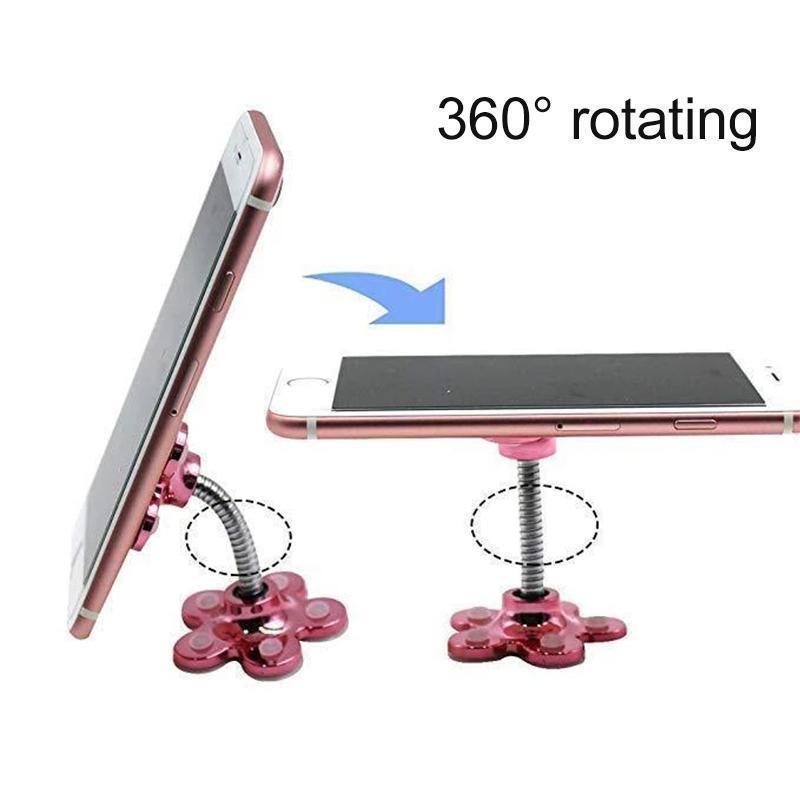 Hands-free universal phone holder with unique flower-shaped suction base for secure grip