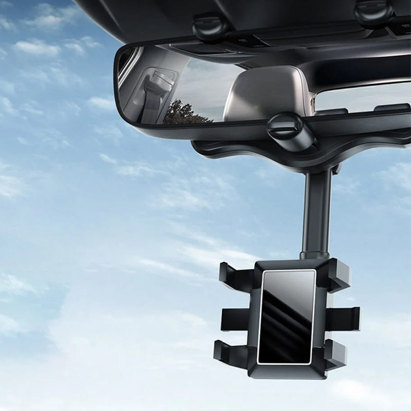 Secure grip 360° rotatable car phone holder, mounts on rearview mirror for safe driving