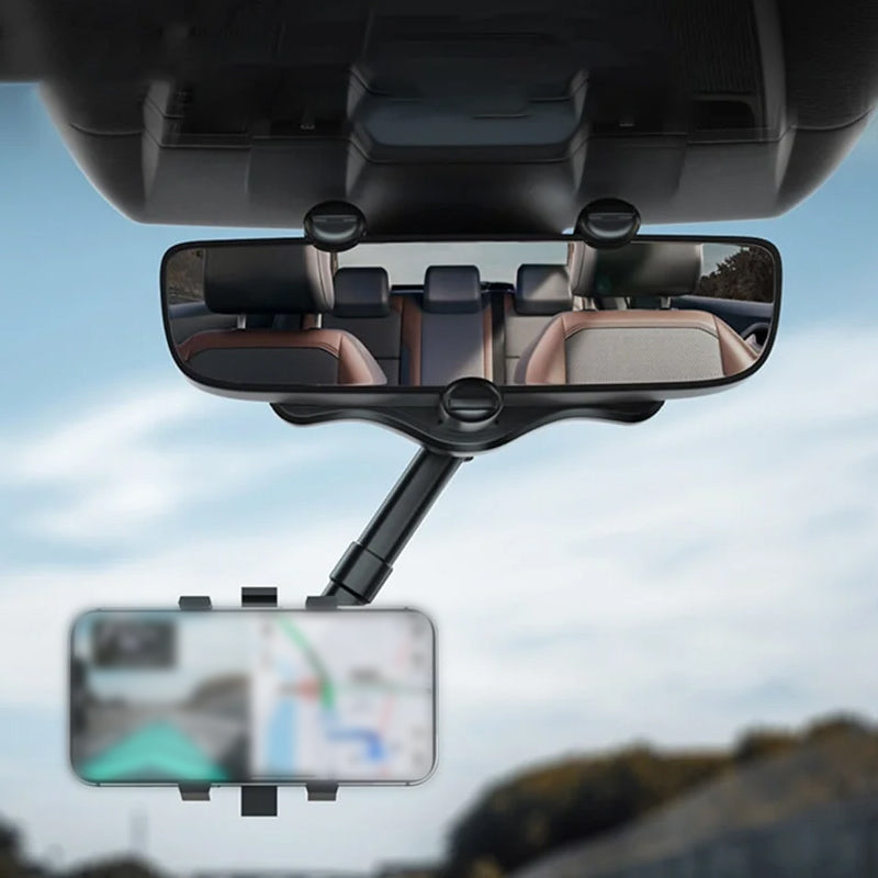Hands-free driving with 360° rotatable phone holder, designed specifically for car rearview mirrors