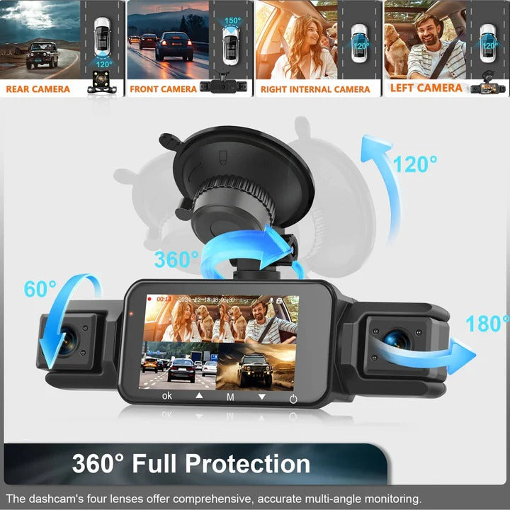 Capturing road & interior with a 4-channel WiFi dash cam, ensuring complete vehicle security & driving recording.