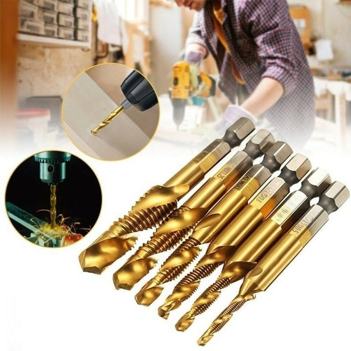Universal 6-piece Metric Thread Tap Drill Bit Set, HSS for metalworking & woodworking projects
