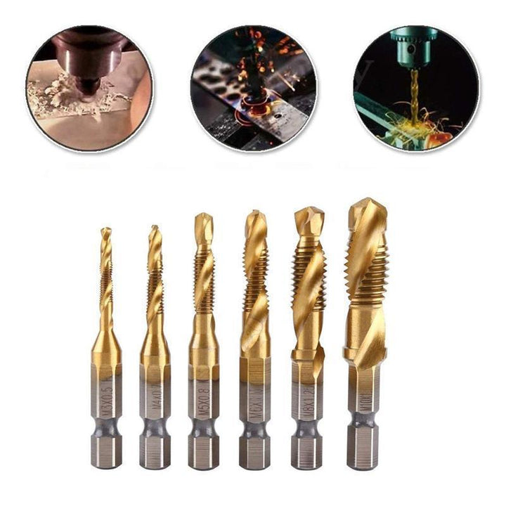 Metric tap drill set with hex shank, 6 pieces for universal metal & wood applications
