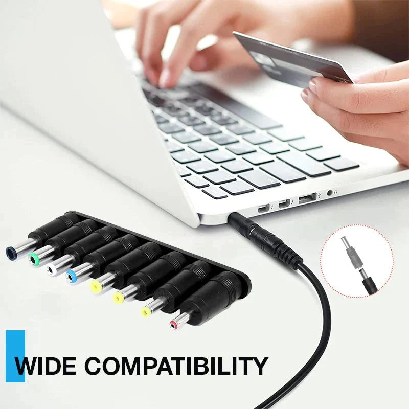 Universal 8-in-1 DC power adapter tip set for laptops & electronics, black connectors, various sizes