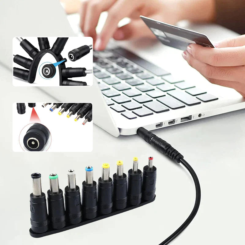 Complete 8-in-1 universal DC power adapter tips kit, ensuring broad compatibility for electronics