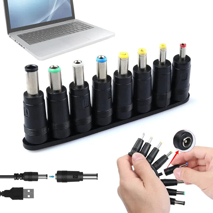 Close-up of universal DC power adapter tips, 8 different sizes for versatile electronics charging