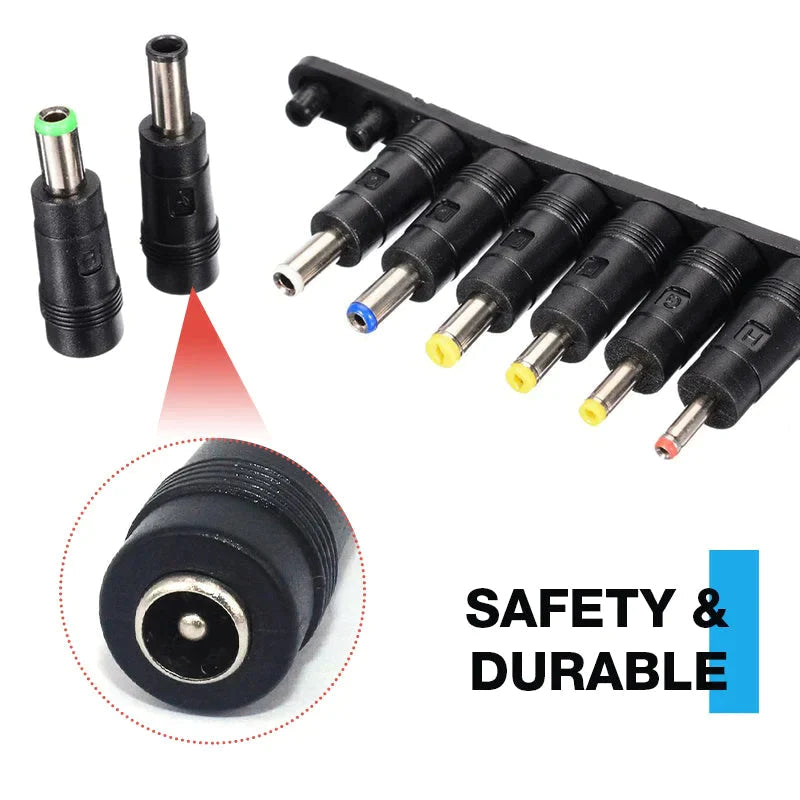 Universal charger accessory with 8 DC power adapter tips, essential for electronics & travel