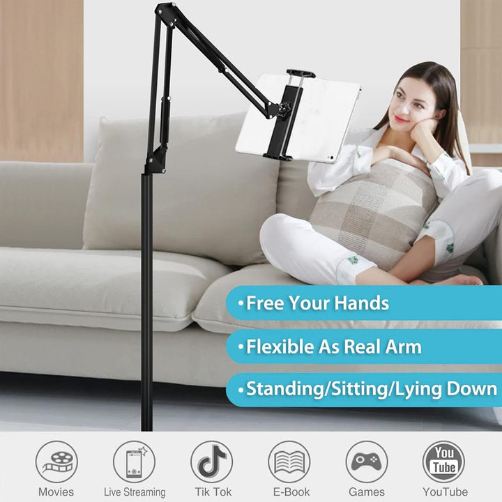 Ergonomic phone holder on an adjustable floor stand, ideal for comfortable hands-free mobile device use.