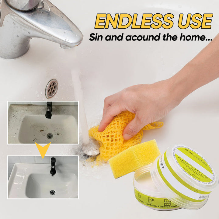 Universal All-Natural Cleaning Stone sitting on a bathroom counter, ready for use, home care