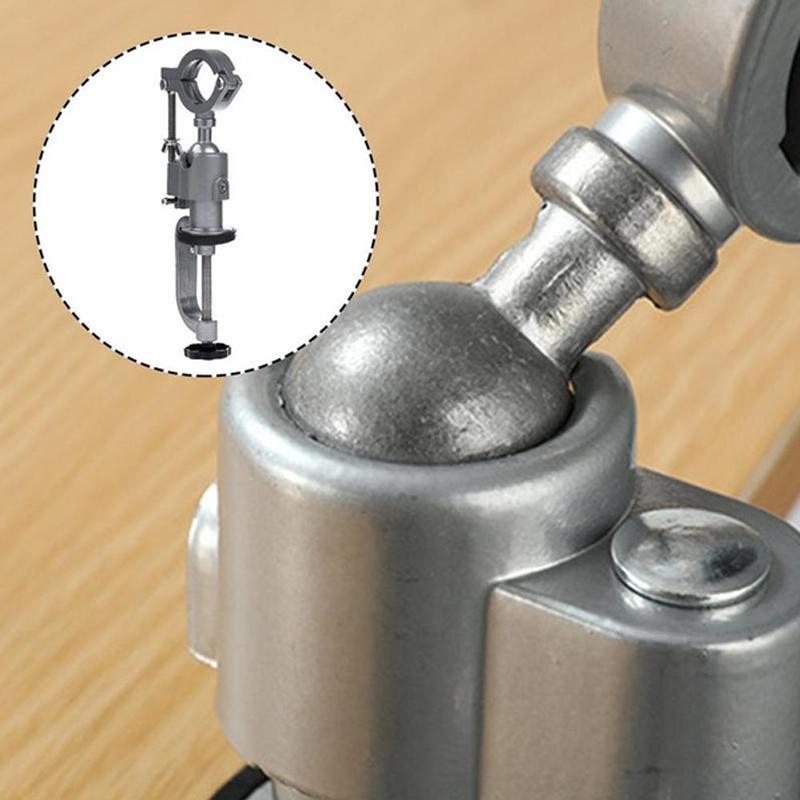 Heavy-duty universal bench clamp providing stable support for various rotary tools during intricate work.