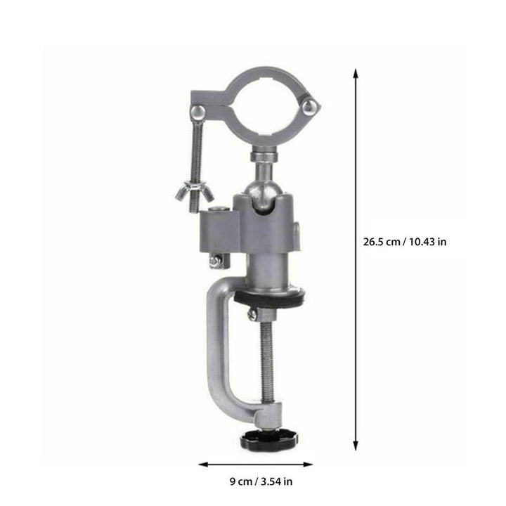 Versatile bench clamp for rotary tools, facilitating drilling, sanding, and engraving with stability.