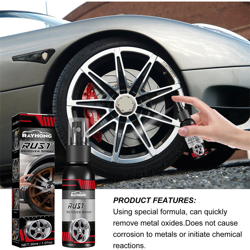 Hand holding Universal Boat Rust Remover Spray, applying to rusty boat hull for corrosion protection