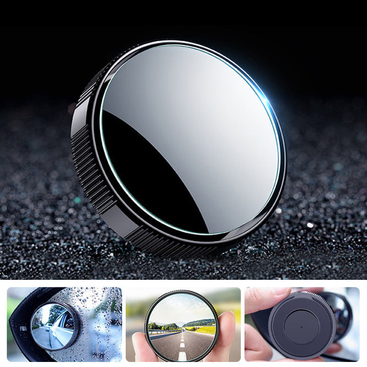 Installation guide for universal car blind spot mirror, emphasizing easy setup.