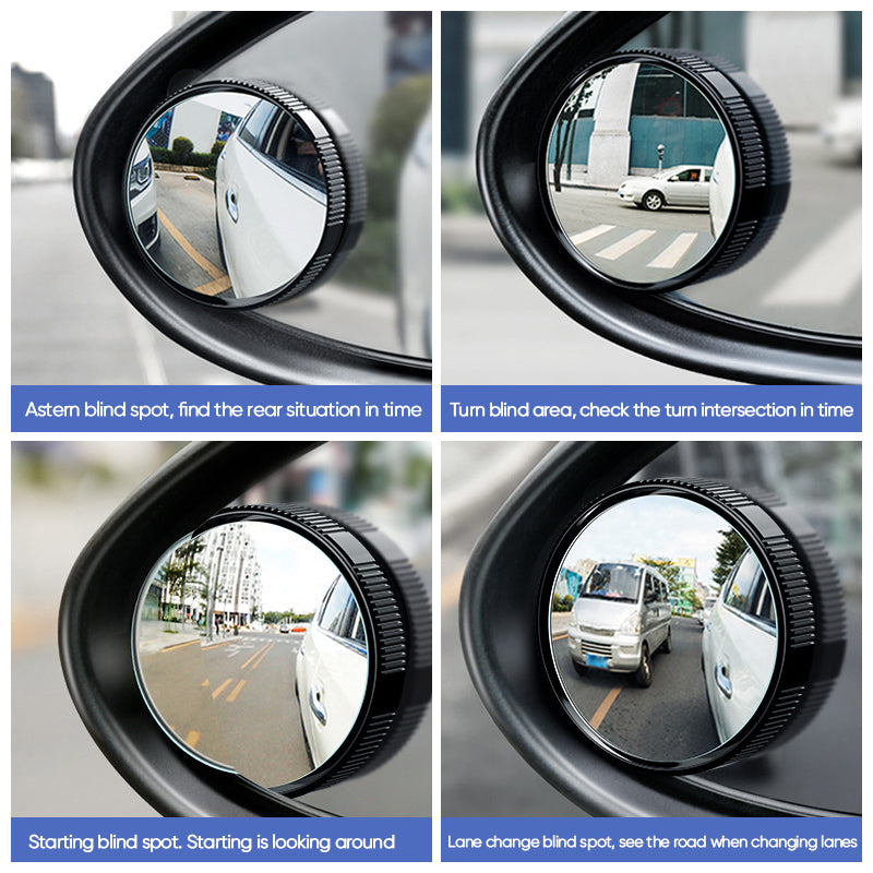 Car blind spot mirror close-up, showing clear reflection for improved road safety.