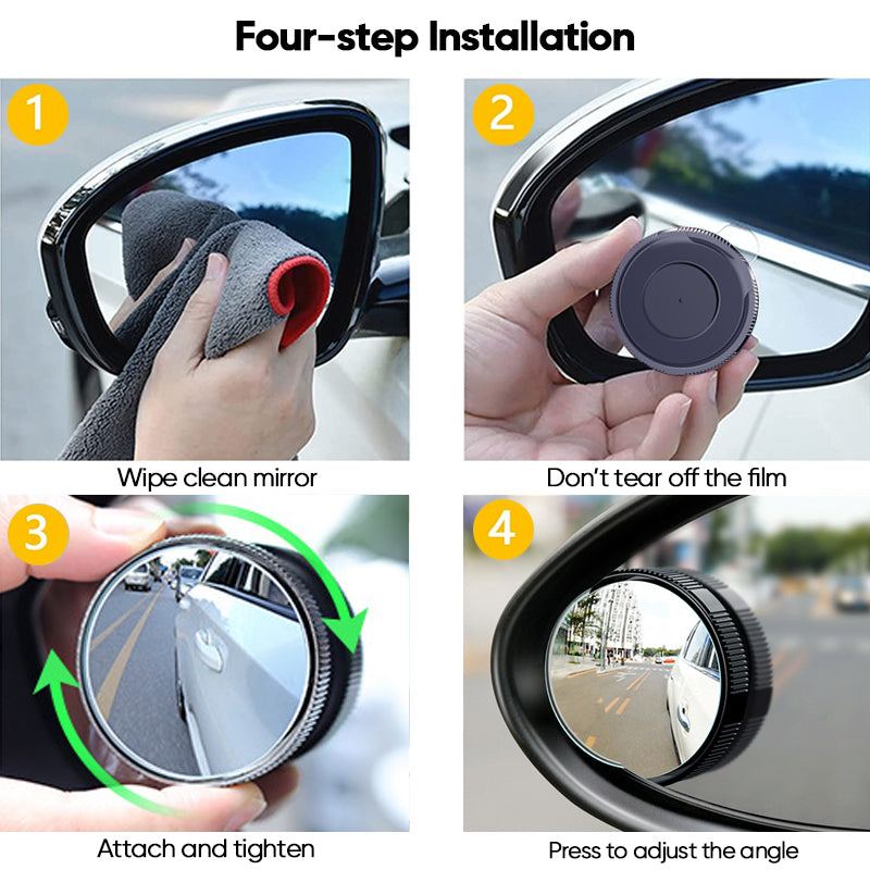 Blind spot mirror attached to a car's side mirror, illustrating easy installation process.