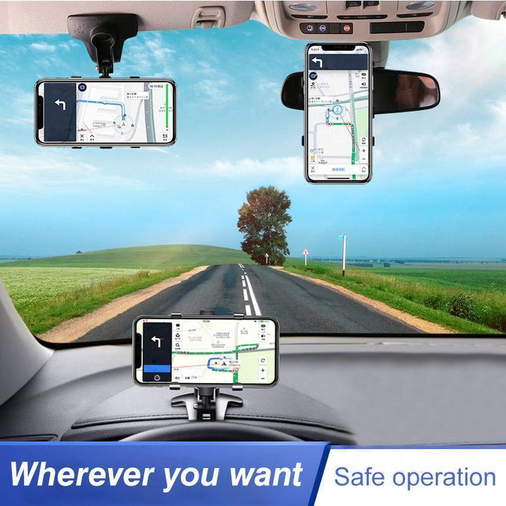 Universal car dashboard phone holder gripping a smartphone securely for GPS navigation, black