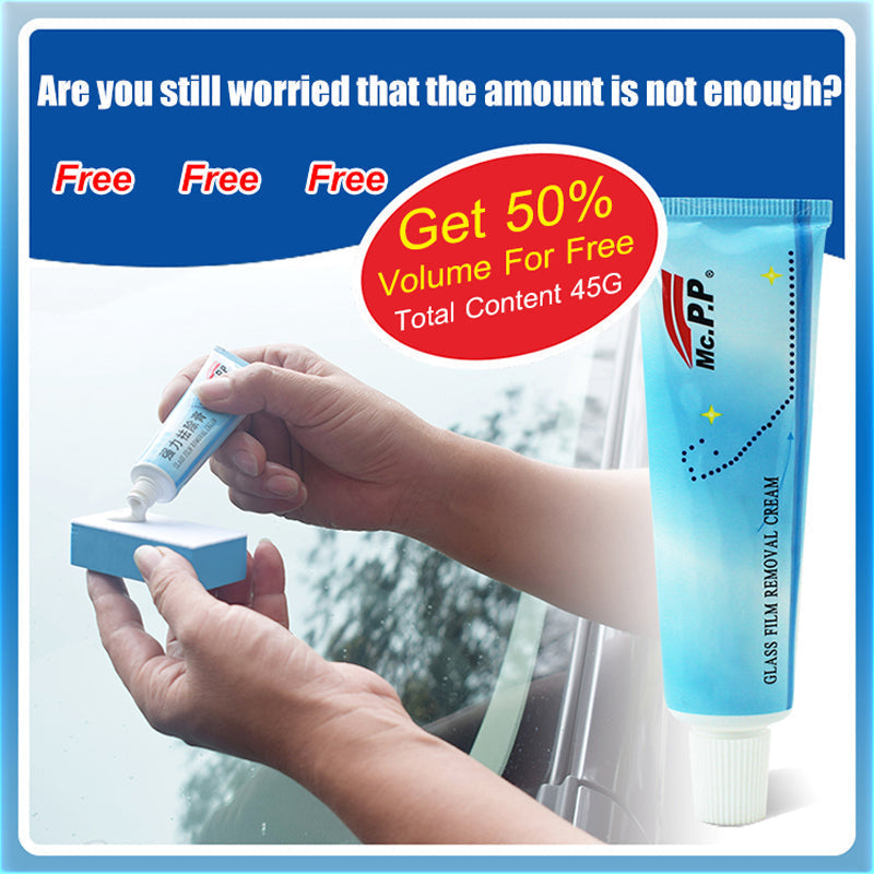 Car glass cleaner removing stubborn oil film and water spots on automotive windows.