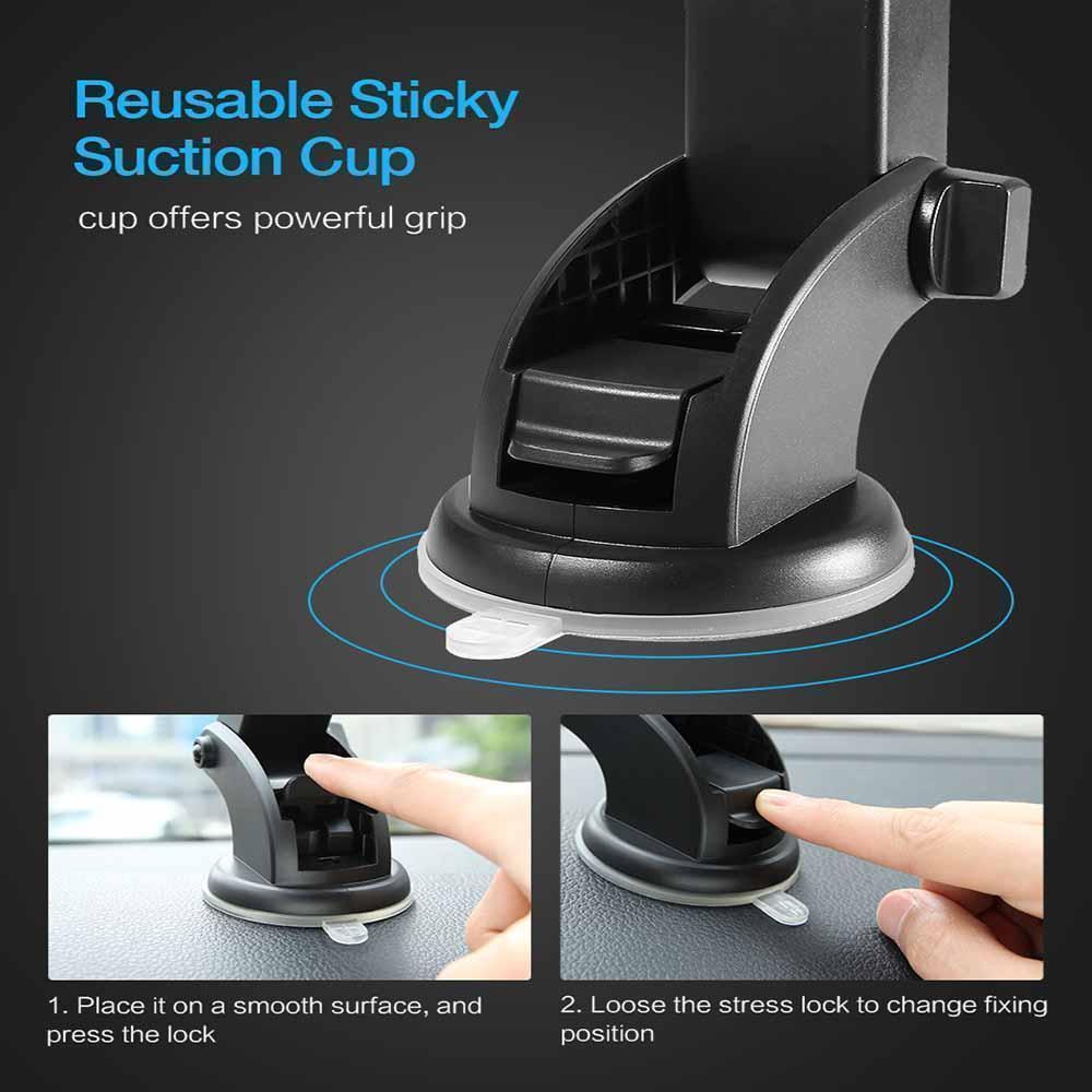 Close-up of a universal car phone holder, strong suction cup base, dashboard or windshield mount
