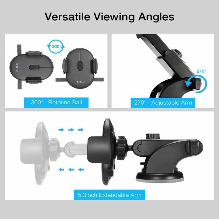 Black universal phone holder for car interior, compatible with various phone sizes, driving essential