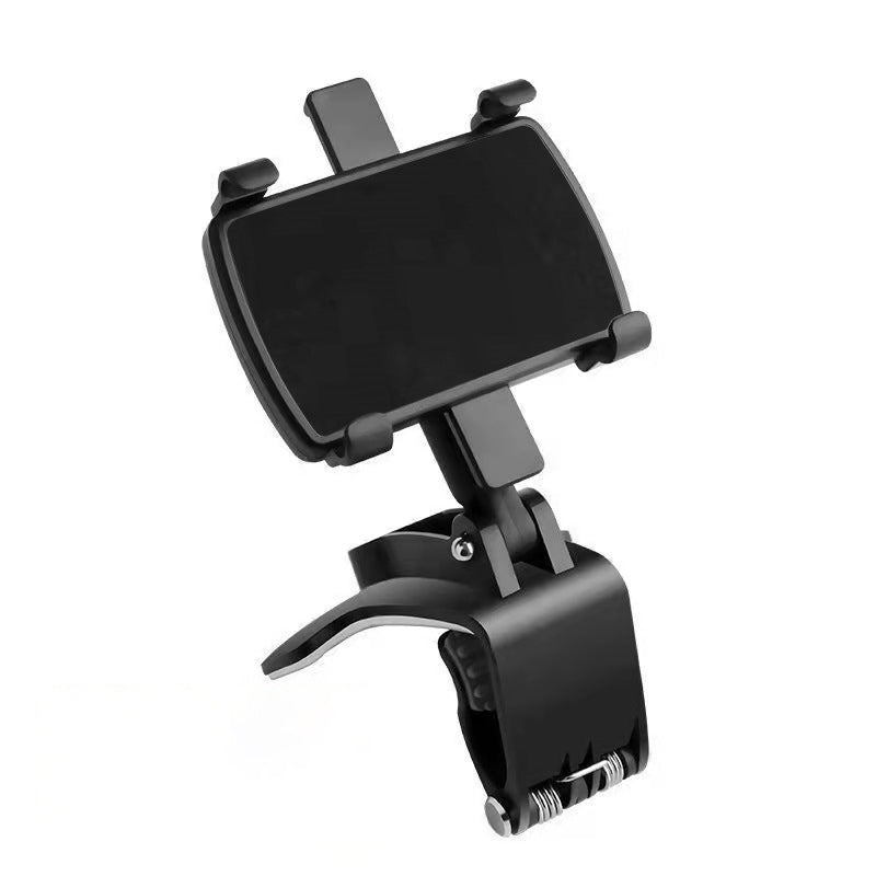 Multiple angles of universal car phone mount in action, dashboard and visor use for phones.