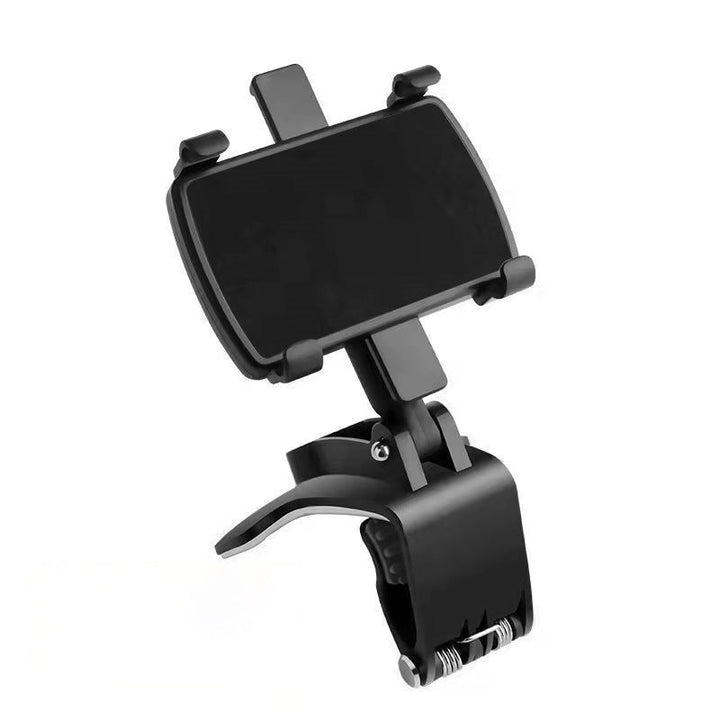 Multiple angles of universal car phone mount in action, dashboard and visor use for phones.