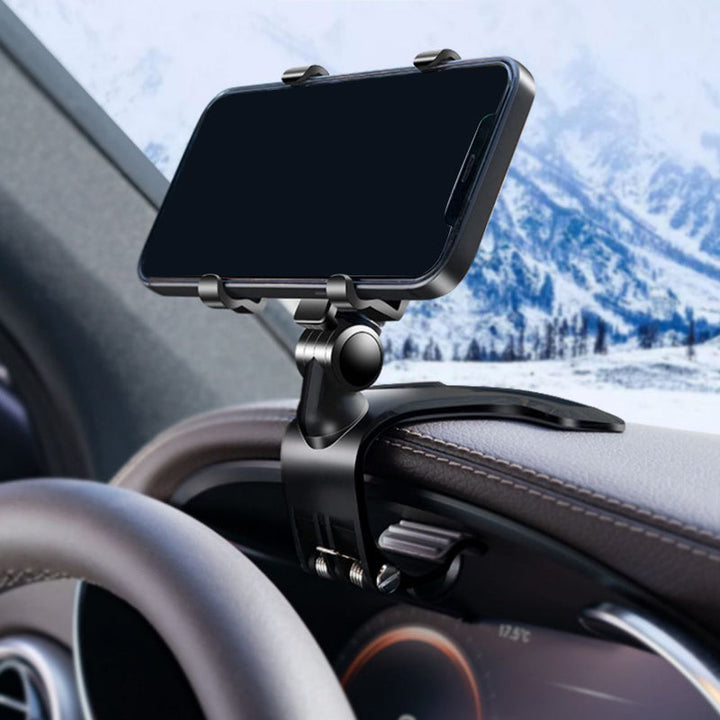 Car phone mount showing 360-degree rotation, universal dashboard clip for optimal viewing angle.