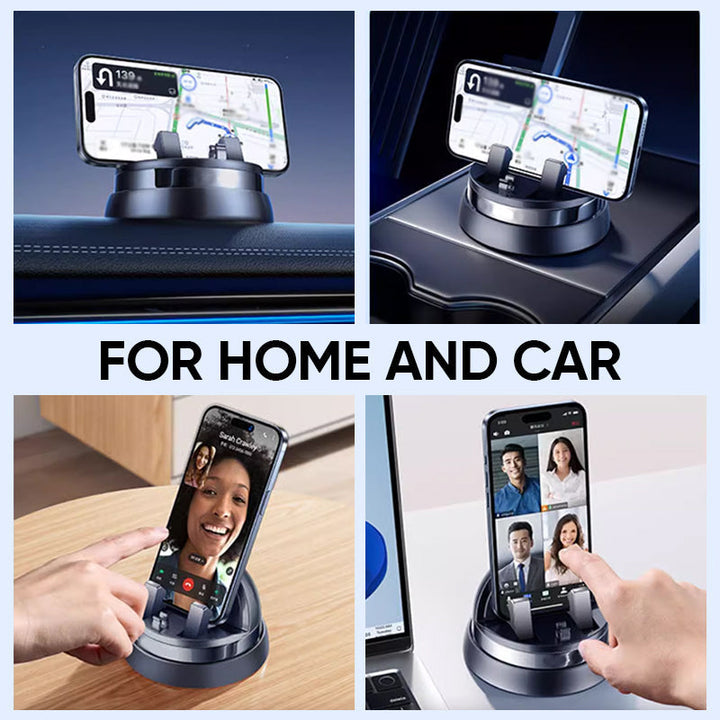 Auto-clamping car phone mount, 360-degree rotating vehicle gadget, secure mobile holder for dashboard.