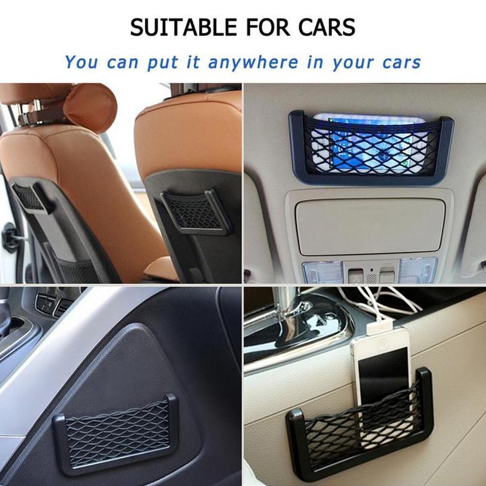 Universal Car Storage Net Pocket Organizer for interior vehicle tidiness, holding phones and small items.