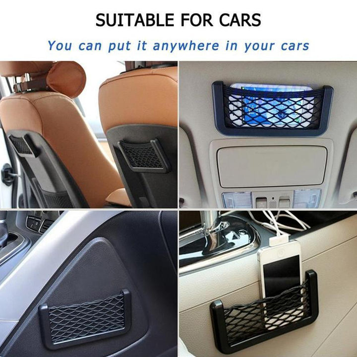 Universal Car Storage Net Pocket Organizer for interior vehicle tidiness, holding phones and small items.