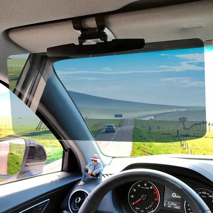 Universal car sun visor extender with polarized glare filter for enhanced driving vision and eye protection.