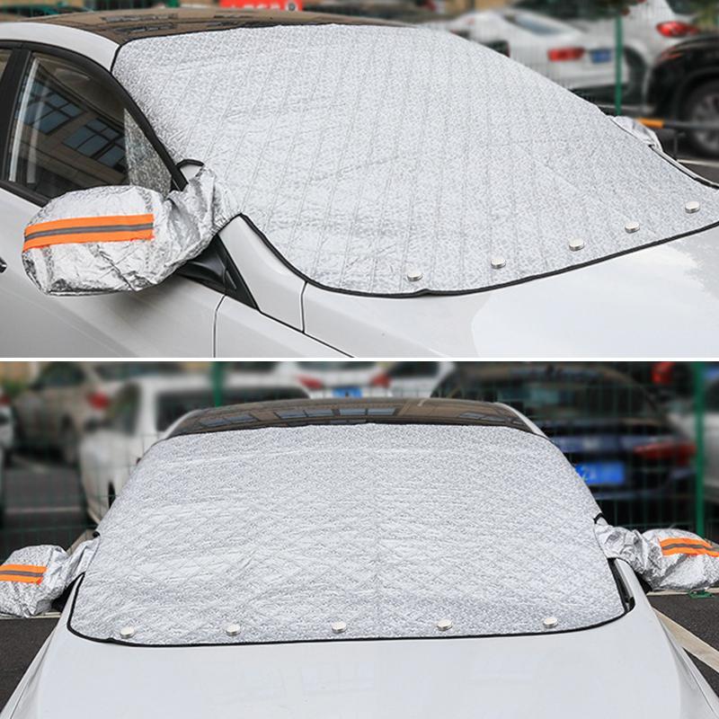 Car care universal windshield cover with anti-theft flaps in use