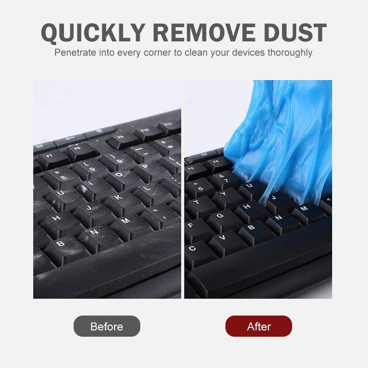 Flexible cleaning gel for keyboard dust removal, shown pulling crumbs from between keys, gadget cleaner.