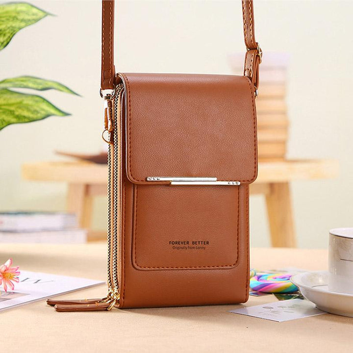 Universal crossbody phone case available in multiple colors, stacked. PU leather mini bags with wallet features. Travel accessories.