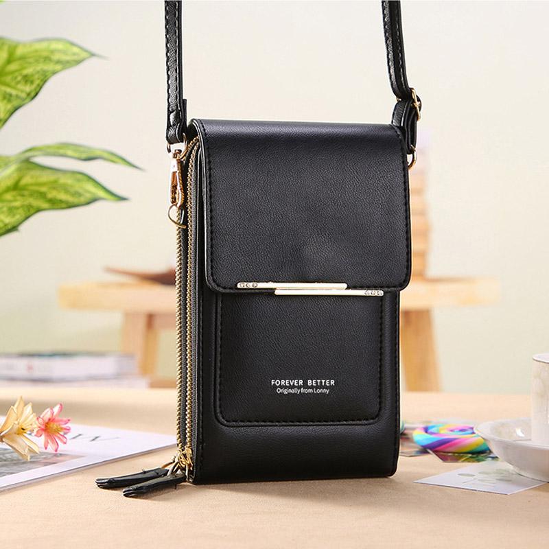 Universal crossbody phone case, waterproof black PU leather, securing a smartphone and cards. Practical, compact travel wallet.