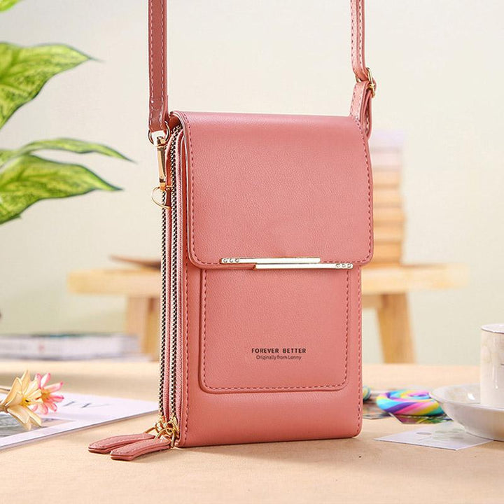 Top-down view of a grey universal crossbody phone case, showcasing its compact size and high-quality PU leather finish.