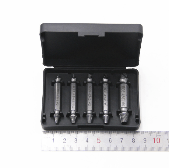 Instructional diagram showing how to use the Universal Damaged Screw Extractor Set