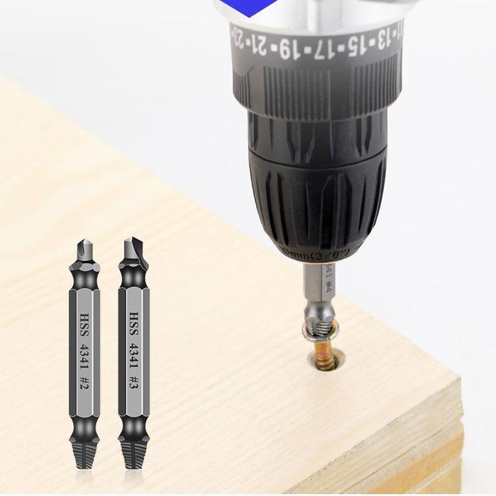 Hand holding a screw extractor from the Universal Damaged Screw Extractor Set, ready for use