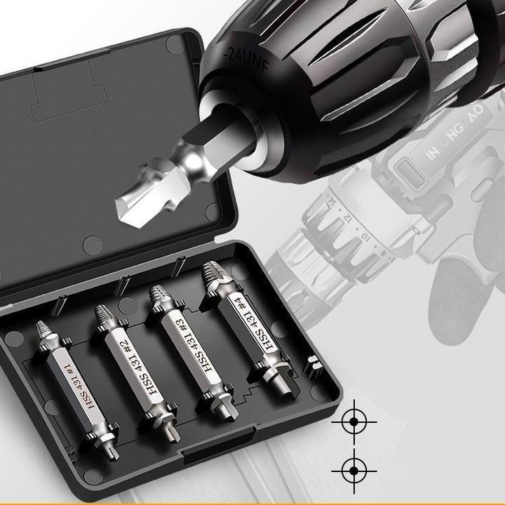 Universal Damaged Screw Extractor Set used to remove a stripped screw from wood