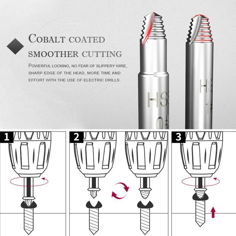 Detailed view of a high-speed steel bit from the damaged screw extractor diy tool set